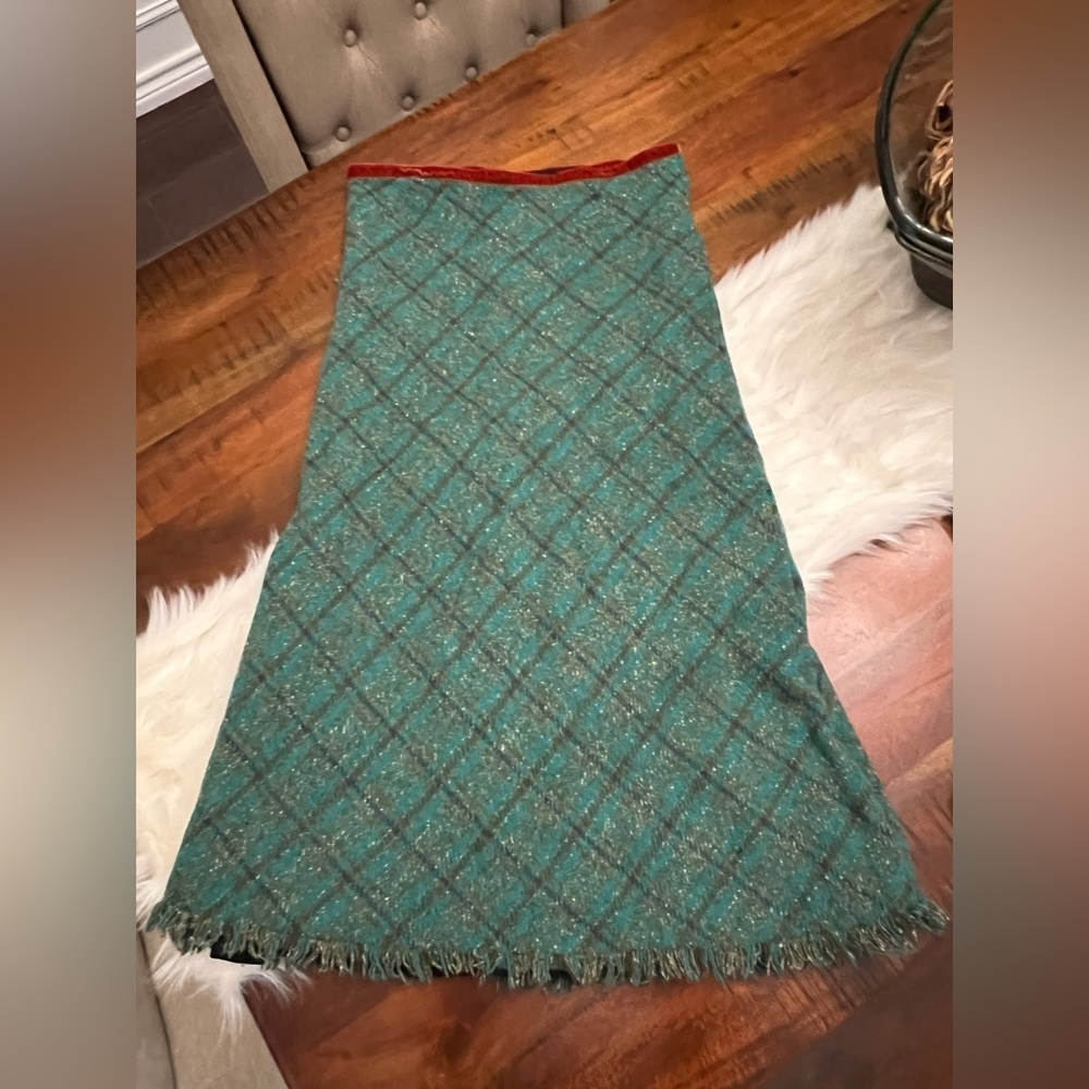 Vintage Wool Tweed Plaid Midi Skirt Fringe Hem Lined High Waist 90s - Picture 2 of 4